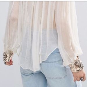 Nwot Free People sheer Dream cuff blouse with sequins Size Small